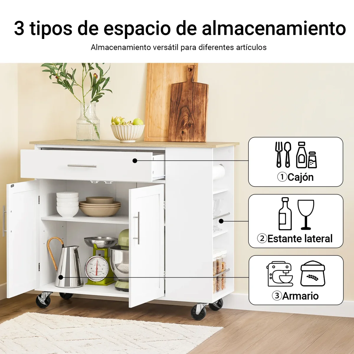 SoBuy FKW133-WN Carrito de Cocina Mueble Auxiliar con Ruedas y Encimera Blanco 99x40x85 cm - Imagen 3