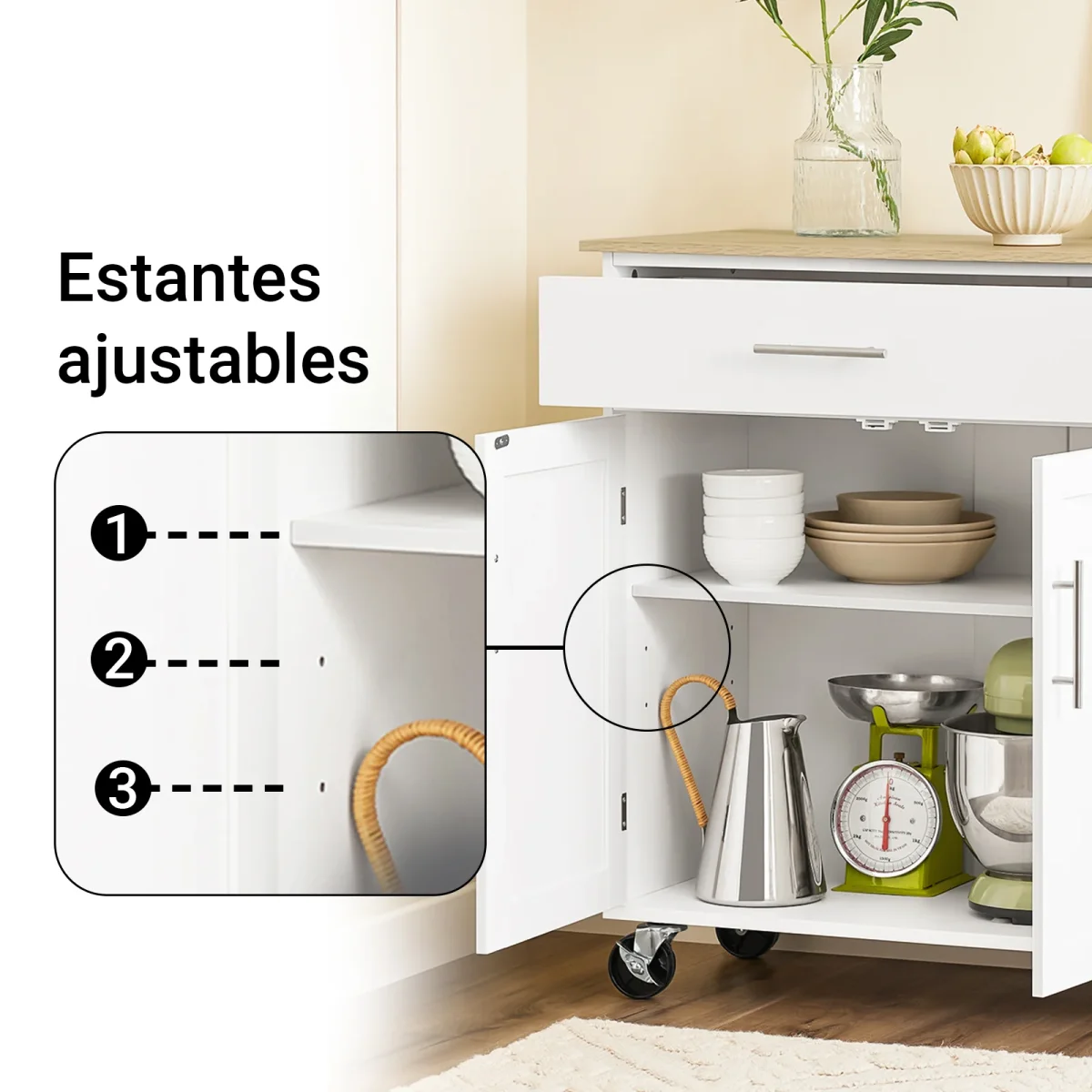 SoBuy FKW133-WN Carrito de Cocina Mueble Auxiliar con Ruedas y Encimera Blanco 99x40x85 cm - Imagen 5